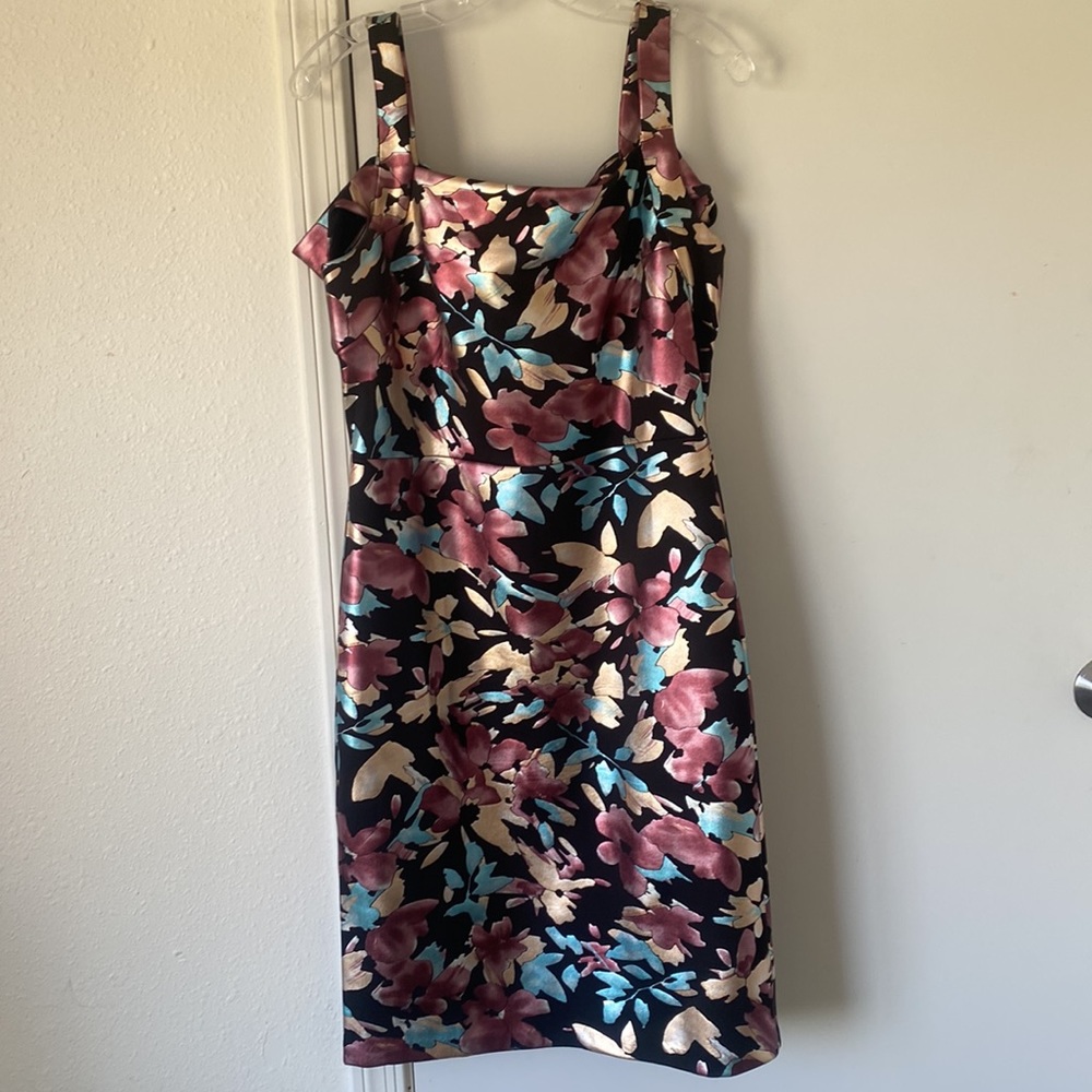 Slight stretch occasion semi formal shiny floral dress cold shoulder cutouts